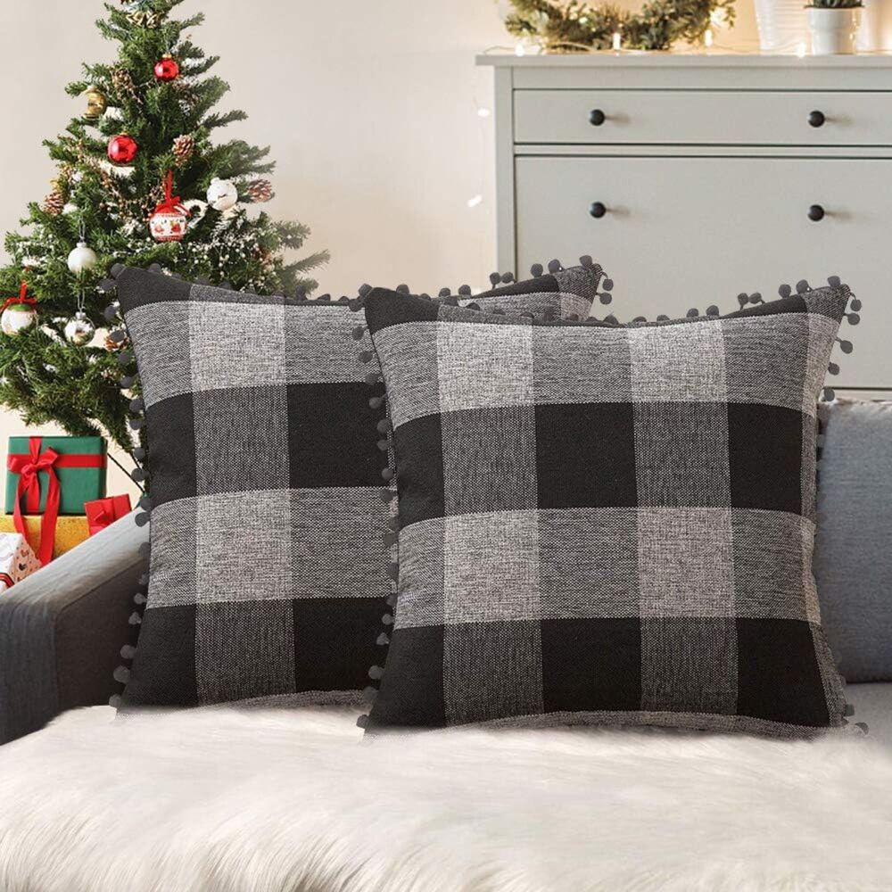 2pc Buffalo Farmhouse Plaid Pillow Covers 16x16" with Pom-poms